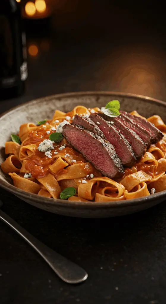 A beautiful, rustic bowl of homemade, creamy Steakhouse Pasta, topped with perfectly grilled, sliced skirt steak.