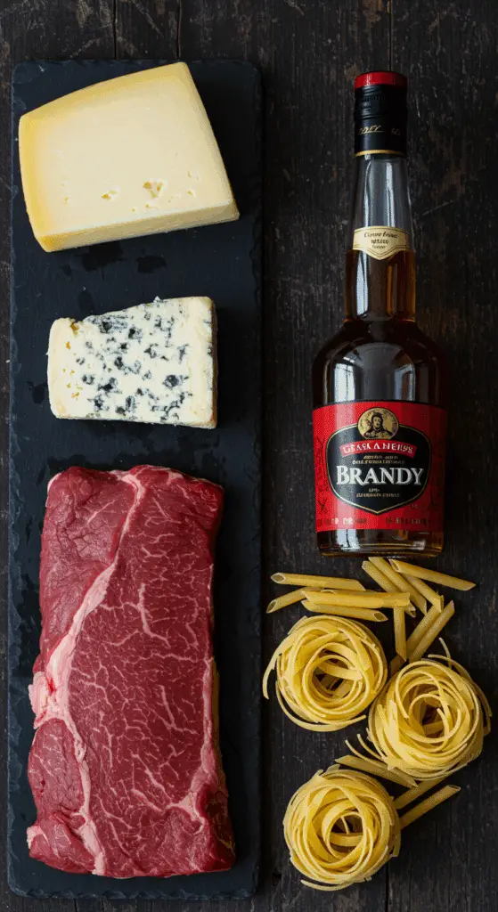 The sophisticated, from-scratch ingredients for the gourmet Steakhouse Pasta recipe.