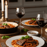 Two beautiful plates of homemade, creamy Steakhouse Pasta being served for a romantic, at-home dinner.