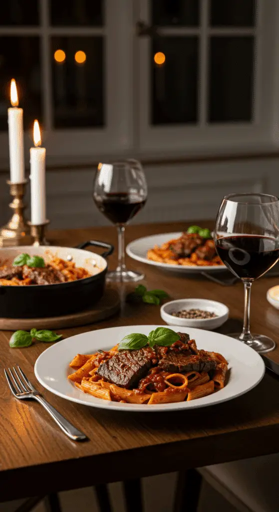 Two beautiful plates of homemade, creamy Steakhouse Pasta being served for a romantic, at-home dinner.