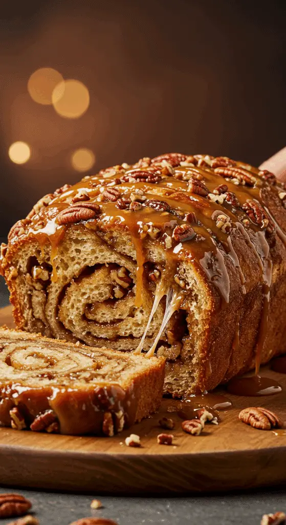 A beautiful, golden-brown, homemade Sticky Pecan Pull-Apart Bread with a hand pulling a gooey slice away.