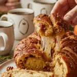 The beautiful, finished Pecan Pull-Apart Bread being served and enjoyed at a festive holiday breakfast.