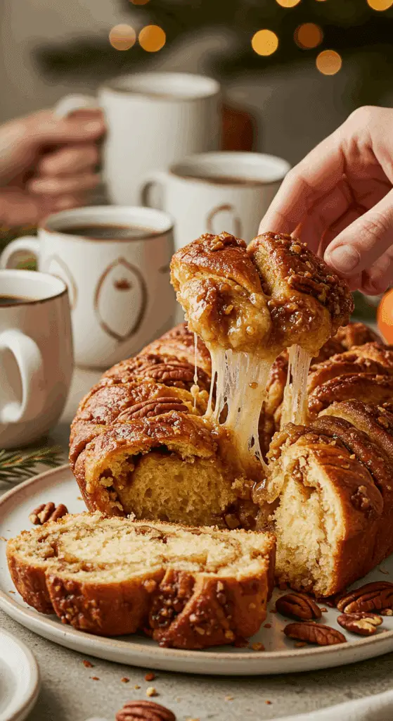 The beautiful, finished Pecan Pull-Apart Bread being served and enjoyed at a festive holiday breakfast.