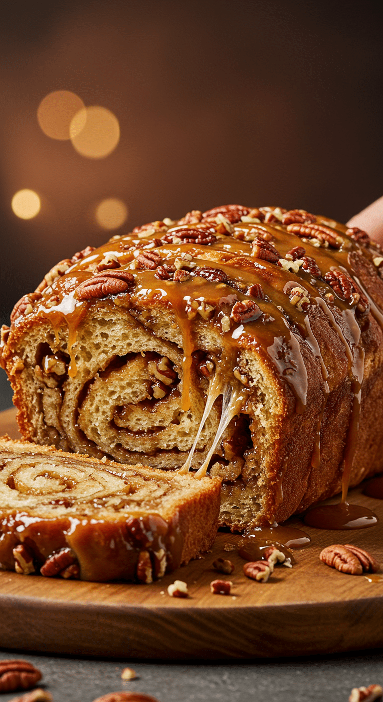 A beautiful, golden-brown, homemade Sticky Pecan Pull-Apart Bread with a hand pulling a gooey slice away.