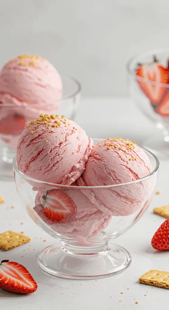 Two beautiful scoops of creamy, pink, homemade Strawberry Cottage Cheese Ice Cream in a stylish bowl.