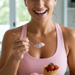A happy person enjoying a bowl of high-protein Strawberry Cottage Cheese Ice Cream as a healthy snack.