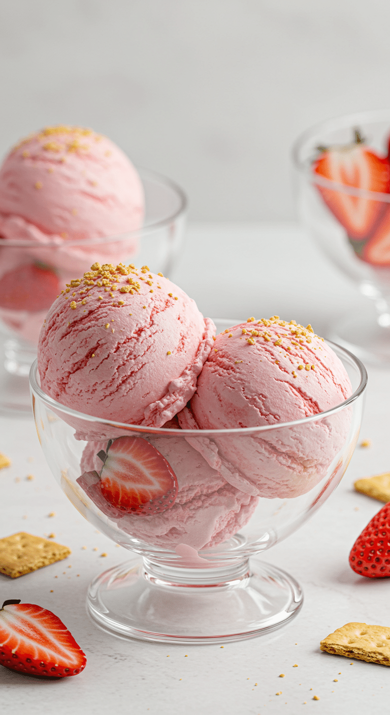 Two beautiful scoops of creamy, pink, homemade Strawberry Cottage Cheese Ice Cream in a stylish bowl.