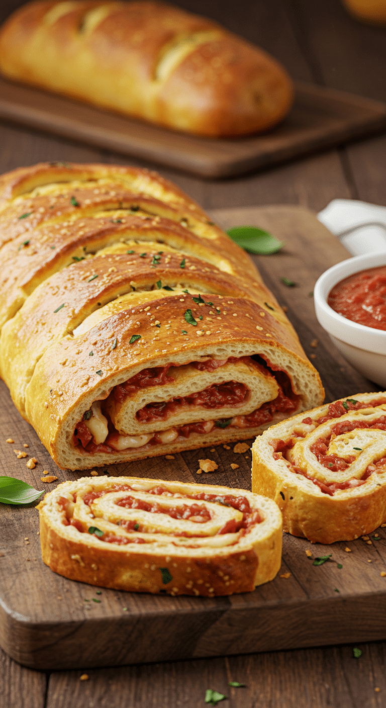 A beautiful, golden-brown, homemade Stromboli on a cutting board with a few perfect, cheesy slices cut. SEO Filename: best-easy-homemade-strom