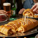 A large platter of homemade, sliced Stromboli being served and enjoyed at a fun game day party.
