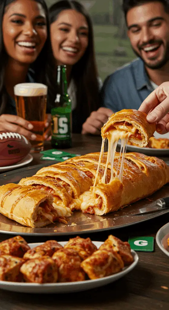 A large platter of homemade, sliced Stromboli being served and enjoyed at a fun game day party.