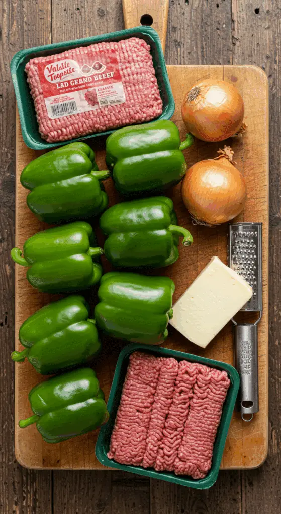 The fresh, from-scratch ingredients for the hearty and classic Stuffed Green Peppers recipe.