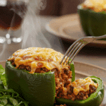 A single, perfect, homemade Stuffed Green Pepper on a dinner plate, being served for a family dinner.