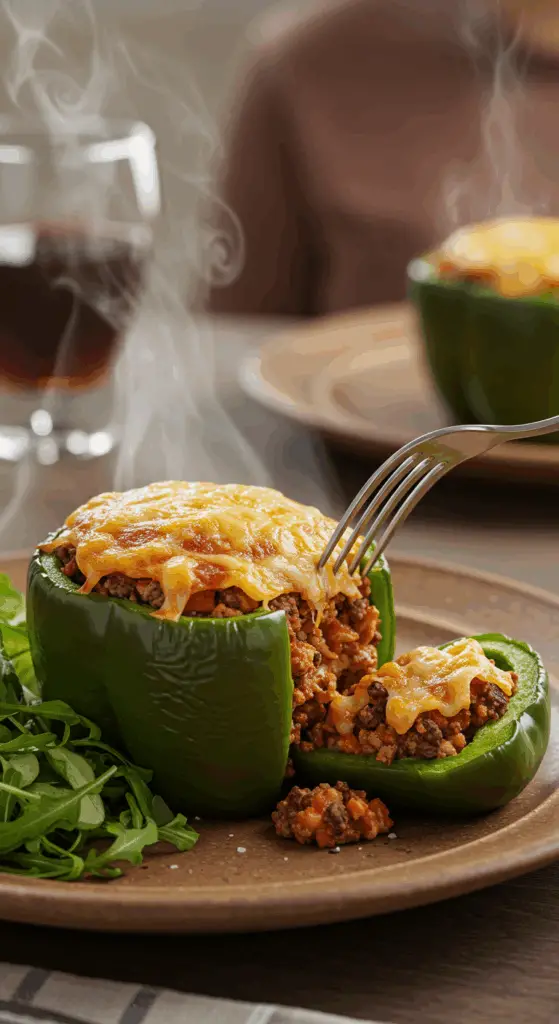 A single, perfect, homemade Stuffed Green Pepper on a dinner plate, being served for a family dinner.