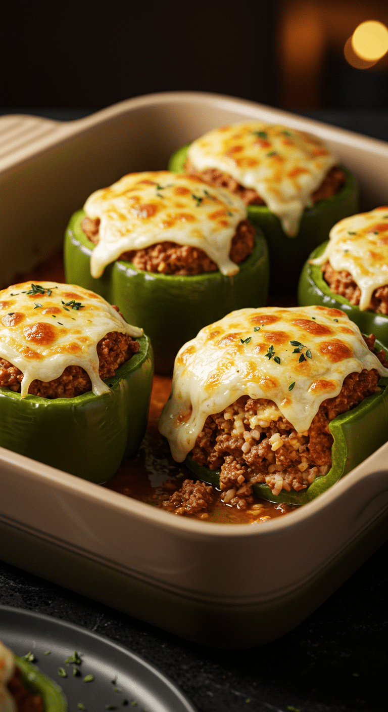 A beautiful, rustic casserole dish of homemade, cheesy Stuffed Green Peppers with one removed to show the hearty filling.