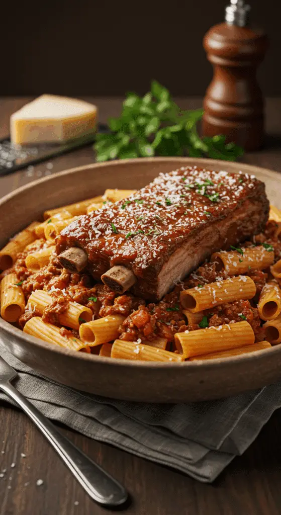 A large, rustic bowl of pasta with a rich, meaty, homemade Sunday Pasta Sauce and a tender pork rib.