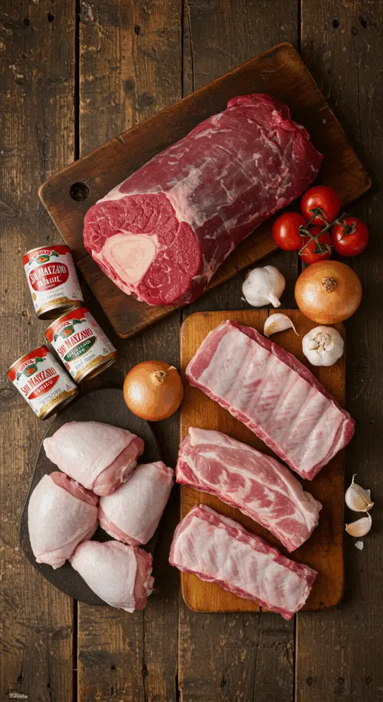 The rustic, raw meat and tomato ingredients for a classic Sunday Pasta Sauce.