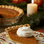 A perfect slice of homemade Buttermilk Pumpkin Pie with a dollop of whipped cream being served for a holiday dessert.