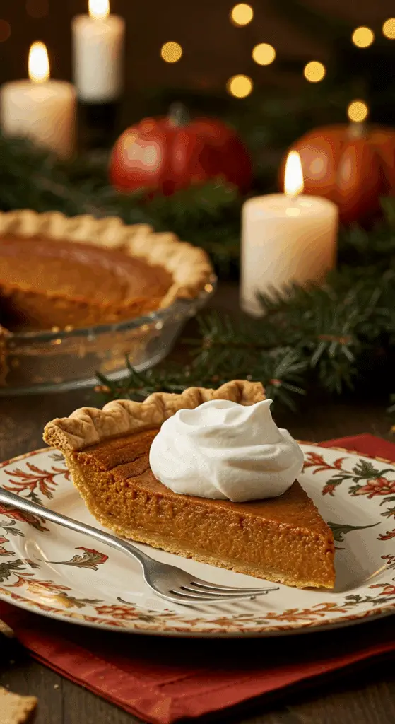 A perfect slice of homemade Buttermilk Pumpkin Pie with a dollop of whipped cream being served for a holiday dessert.
