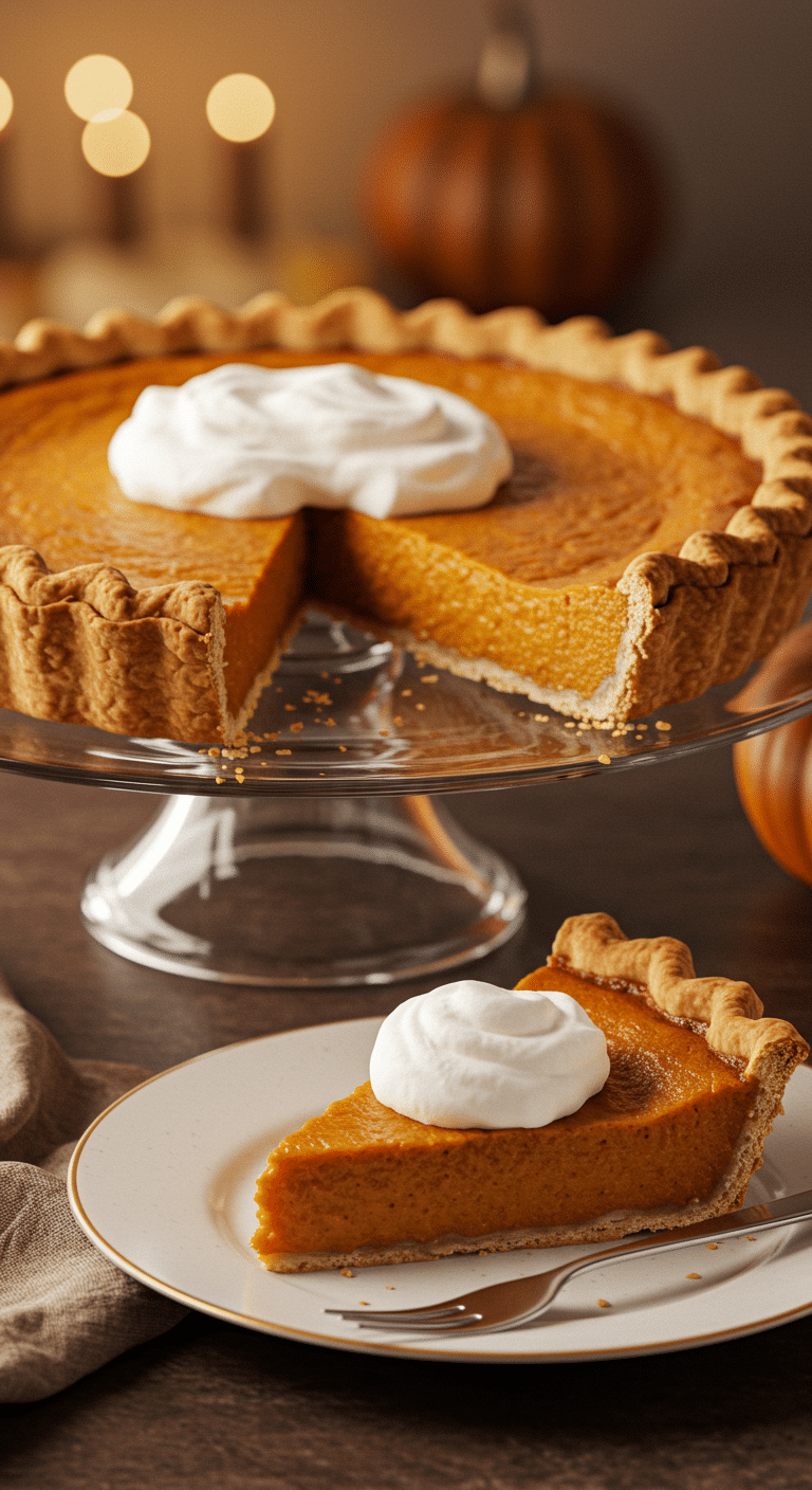 A beautiful, golden-brown homemade Buttermilk Pumpkin Pie with a flaky crust and a perfect, creamy slice removed.