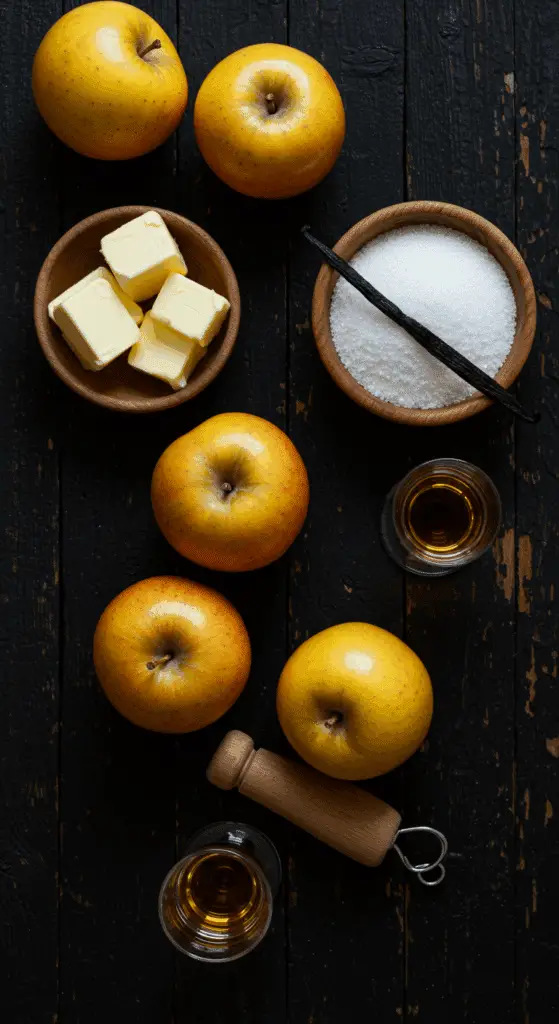 The simple, classic ingredients for the from-scratch French Apple Tarte Tatin recipe.