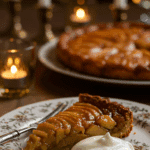 An elegant slice of homemade Apple Tarte Tatin being served with a quenelle of mascarpone at a dinner party.