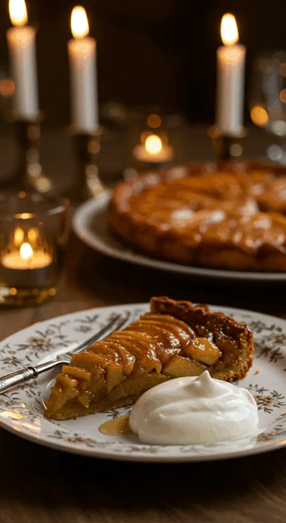 An elegant slice of homemade Apple Tarte Tatin being served with a quenelle of mascarpone at a dinner party.