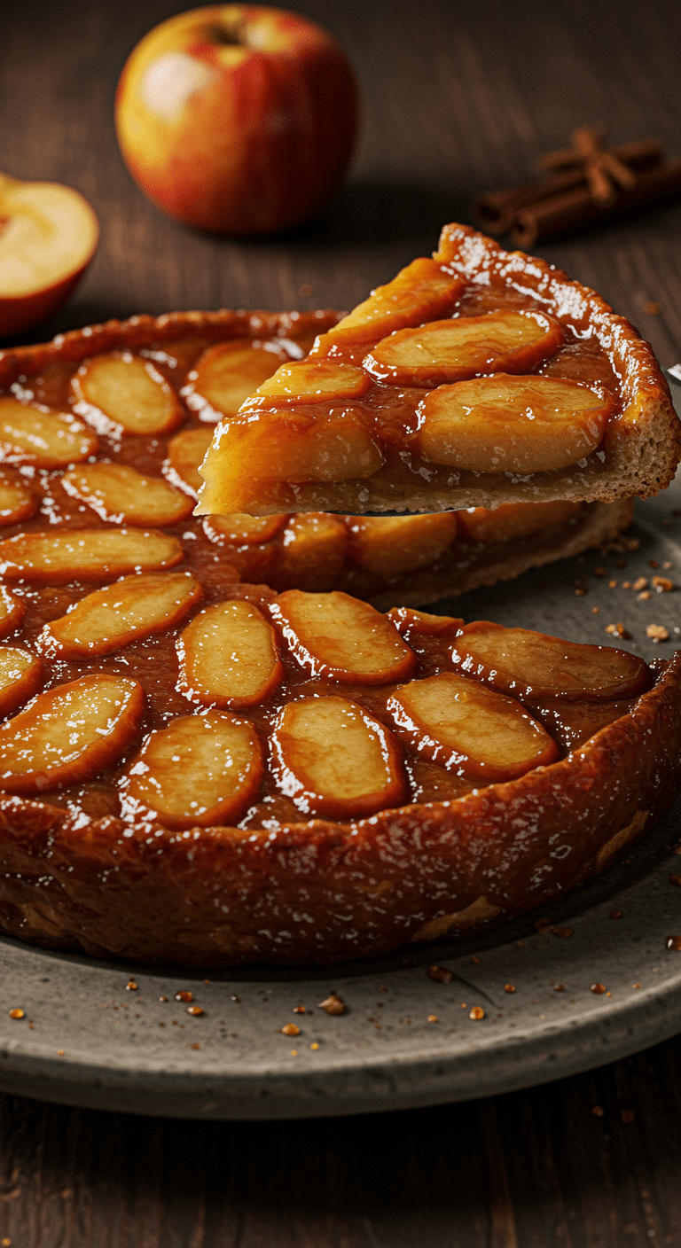 A beautiful, glossy, homemade Apple Tarte Tatin on a serving platter with a perfect, caramelized slice being lifted out.