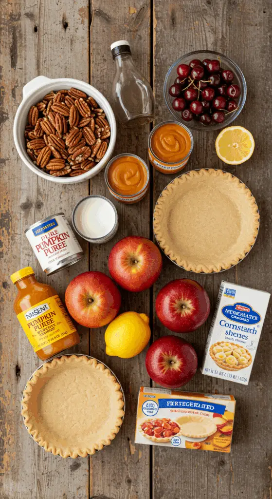 The classic, from-scratch ingredients for the four different pie layers in the Thanksgiving Pie Bars.
