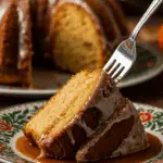 A perfect slice of homemade Thanksgiving Rum Cake being served as dessert at a festive holiday dinner.