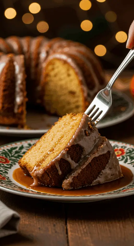 A perfect slice of homemade Thanksgiving Rum Cake being served as dessert at a festive holiday dinner.