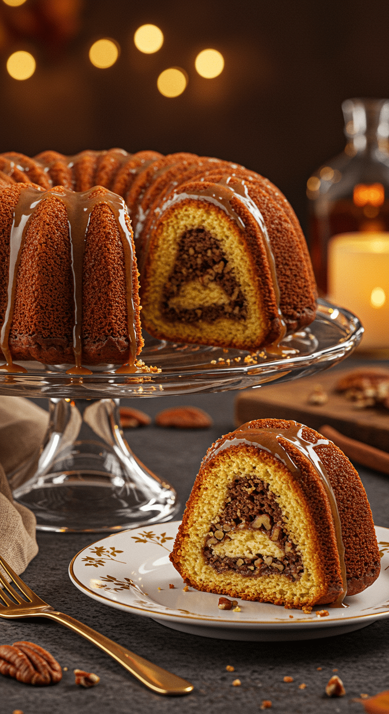 A beautiful, golden-brown homemade Thanksgiving Rum Cake on a cake stand with a perfect, moist slice removed.