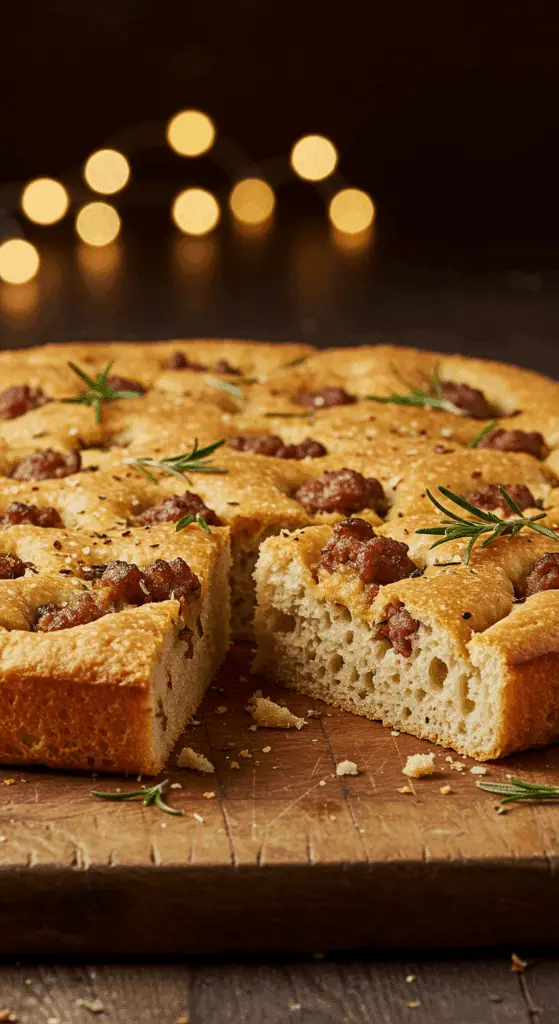 A beautiful, golden-brown, homemade Thanksgiving Stuffing Focaccia with a savory sausage topping.