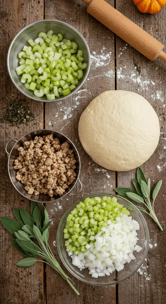 The fresh, rustic ingredients for the from-scratch Thanksgiving Stuffing Focaccia recipe.