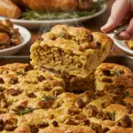 Serving a warm, delicious square slice of the homemade Thanksgiving Stuffing Focaccia at a festive holiday dinner.