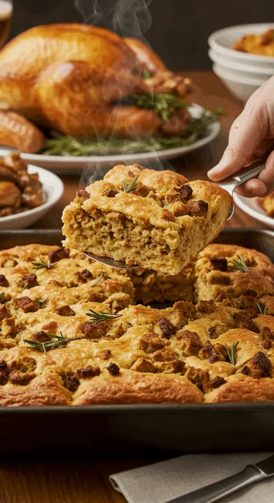 Serving a warm, delicious square slice of the homemade Thanksgiving Stuffing Focaccia at a festive holiday dinner.