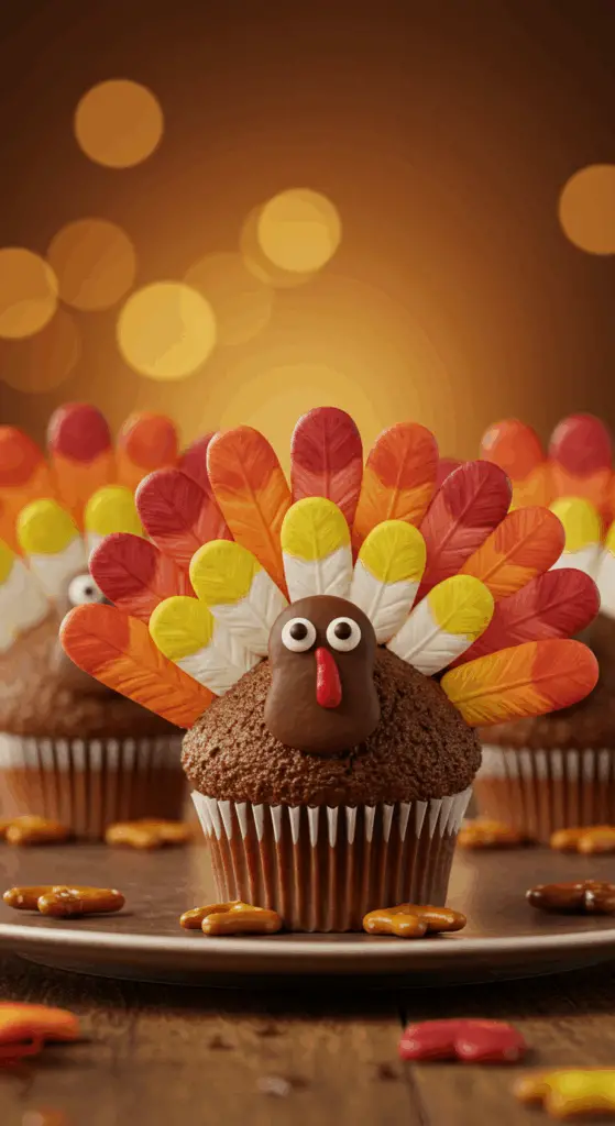 A beautiful platter of three adorable, homemade Thanksgiving Turkey Cupcakes, decorated to look like turkeys with colorful tails.