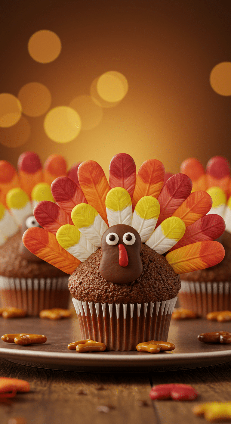 A beautiful platter of three adorable, homemade Thanksgiving Turkey Cupcakes, decorated to look like turkeys with colorful tails.