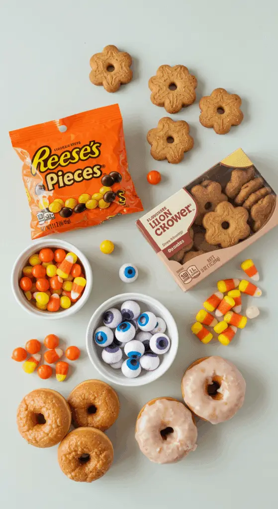 The fun, festive candy and cookie ingredients for decorating the Thanksgiving Turkey Cupcakes.