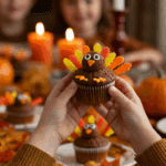 A child's hands proudly holding a homemade Thanksgiving Turkey Cupcake they helped decorate.