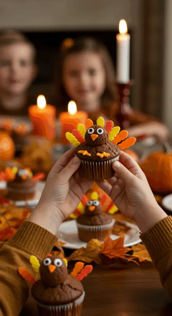 A child's hands proudly holding a homemade Thanksgiving Turkey Cupcake they helped decorate.