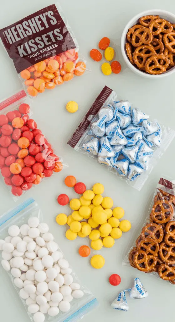 The fun, festive candy and pretzel ingredients for decorating the Thanksgiving Turkey Cupcakes.