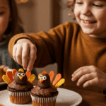 A child's hands proudly holding a homemade Thanksgiving Turkey Cupcake they helped decorate.