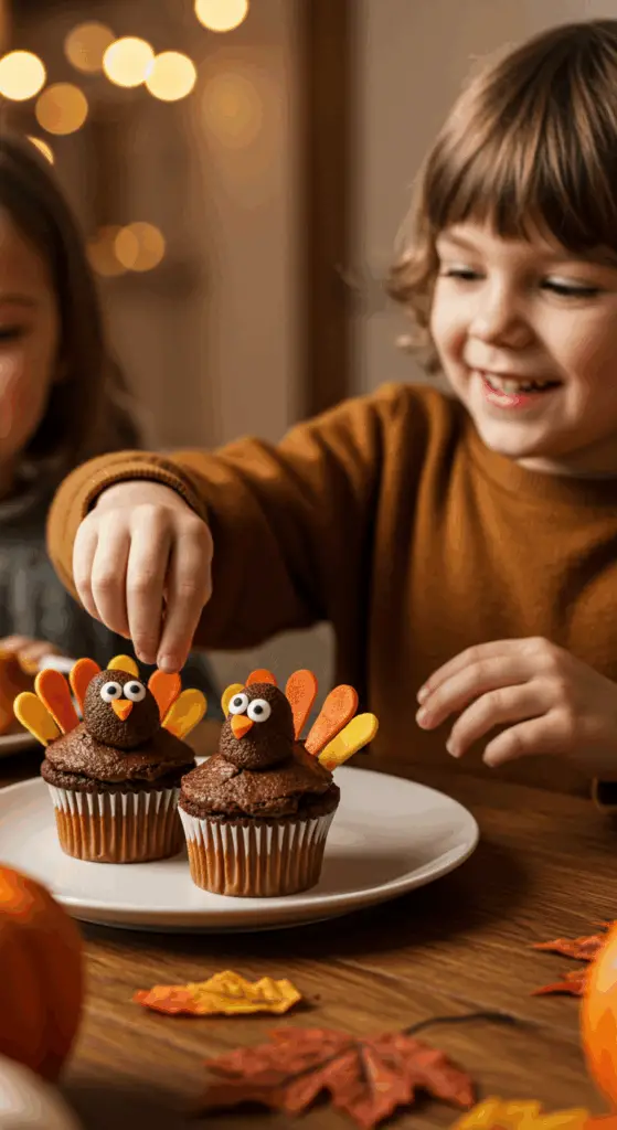 A child's hands proudly holding a homemade Thanksgiving Turkey Cupcake they helped decorate.