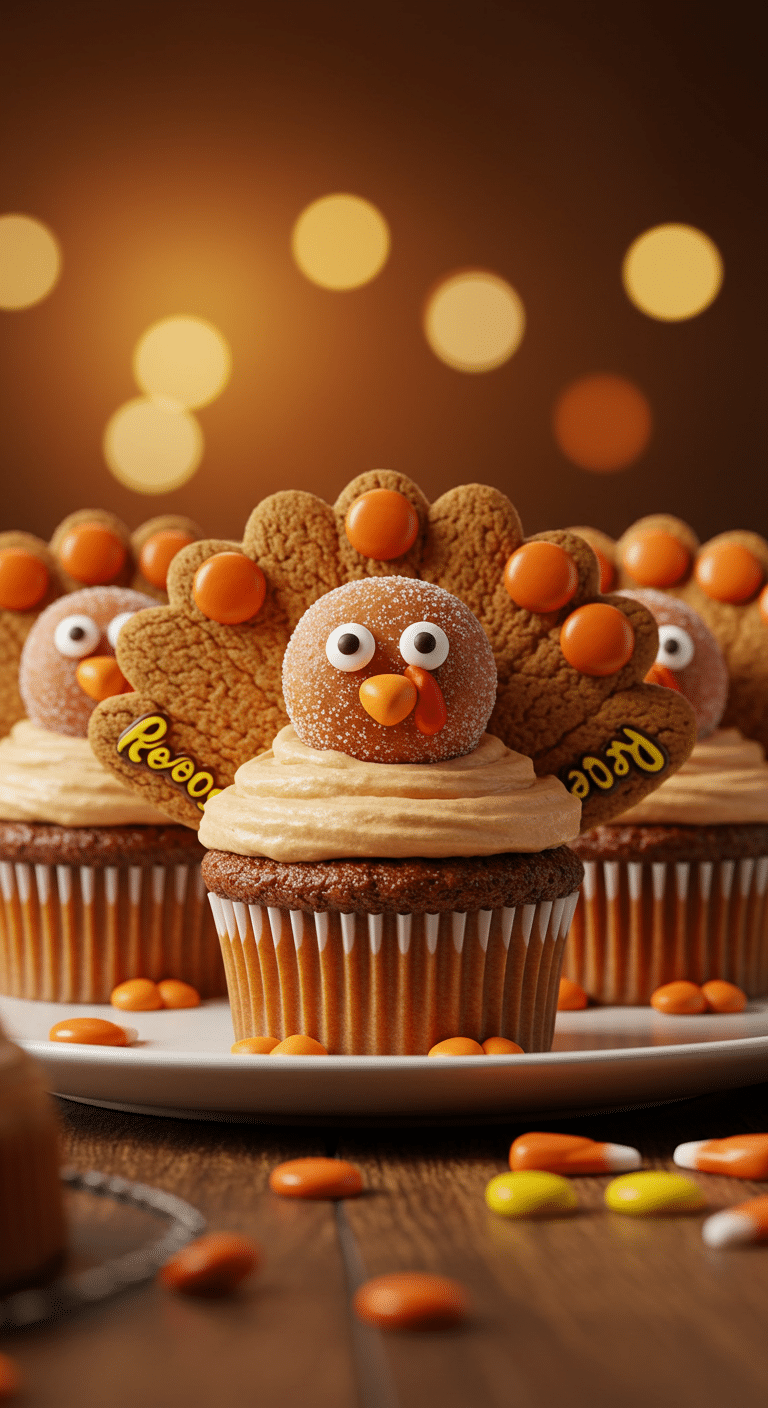 A beautiful platter of three adorable, homemade Thanksgiving Turkey Cupcakes, decorated to look like turkeys.