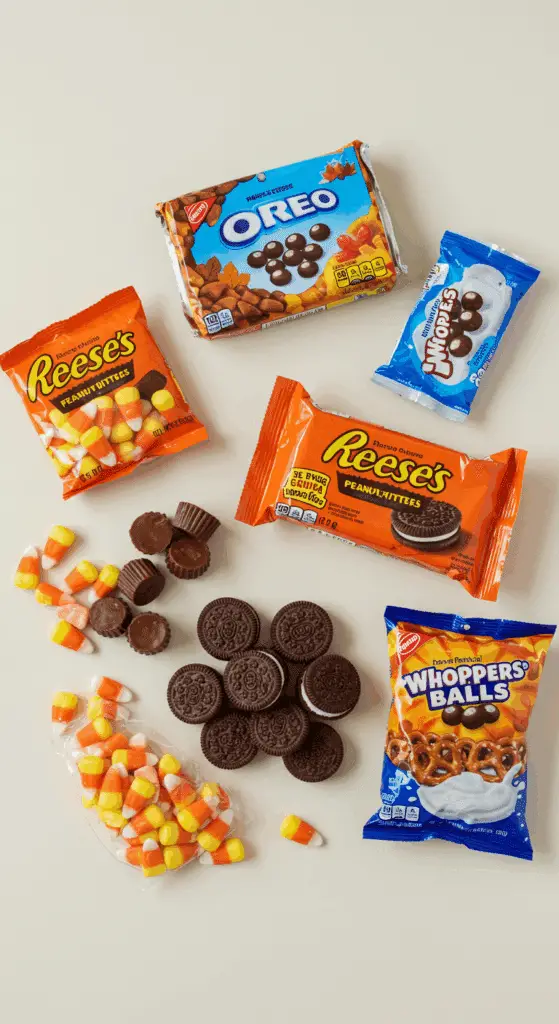 The fun, festive candy, cookie, and pretzel ingredients for decorating the Thanksgiving Turkey Treats.