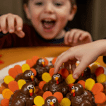 A platter of adorable, homemade Thanksgiving Turkey Treats on a festive kids' Thanksgiving table.