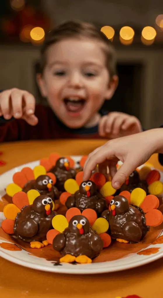 A platter of adorable, homemade Thanksgiving Turkey Treats on a festive kids' Thanksgiving table.