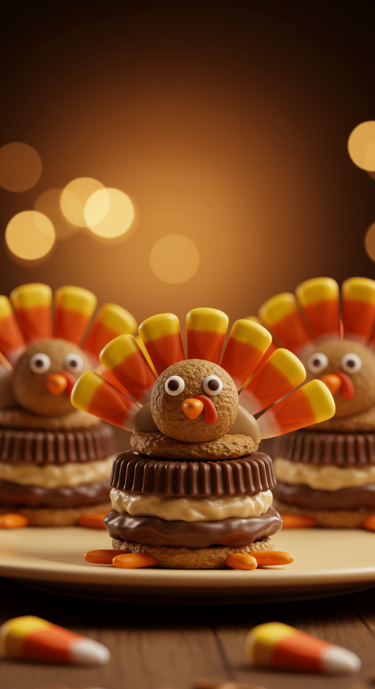 A beautiful platter of three adorable, homemade Thanksgiving Turkey Treats, decorated to look like turkeys with colorful candy tails.