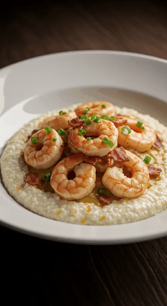 A beautiful, rustic bowl of classic, creamy Shrimp and Grits with a savory pan sauce and bacon.