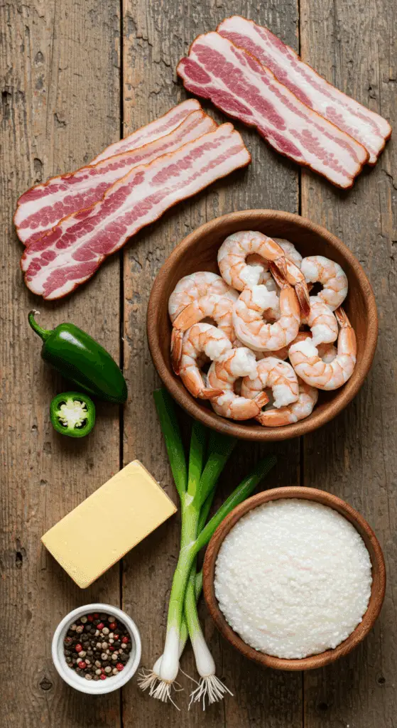 The fresh, classic Southern ingredients for the homemade Shrimp and Grits recipe.